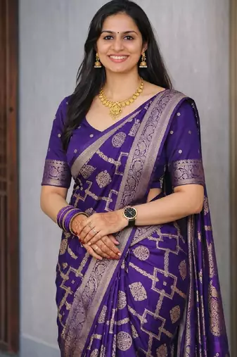 Purple silk blend banarasi saree with unstitched blouse piece