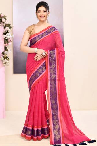 Women's rani pink embellished zari border cotton saree