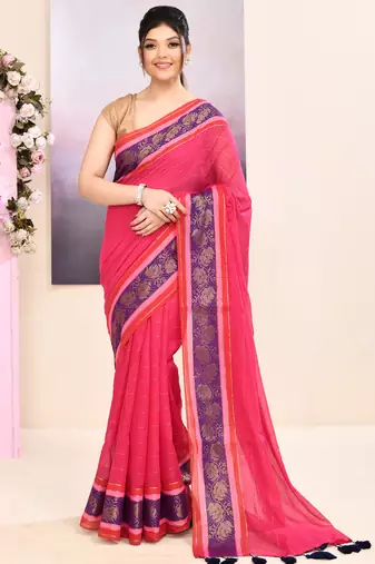 Women's rani pink embellished zari border cotton saree