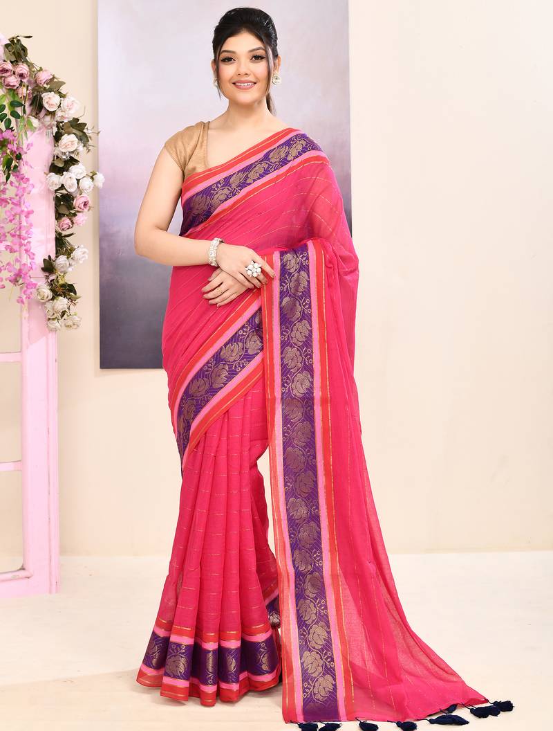 Women's rani pink embellished zari border cotton saree