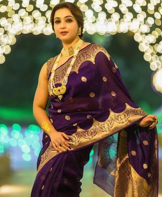 Purple silk blend banarasi saree with unstitched blouse piece 1