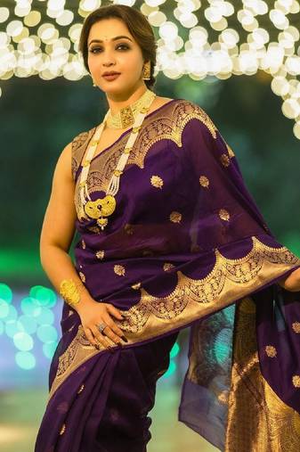 Purple soft silk blend banarasi jacuard work designer party wear saree with unstitched blouse piece