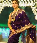 Purple silk blend banarasi saree with unstitched blouse piece