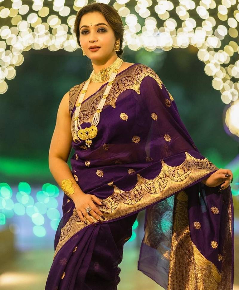 Purple soft silk blend banarasi jacuard work designer party wear saree with unstitched blouse piece