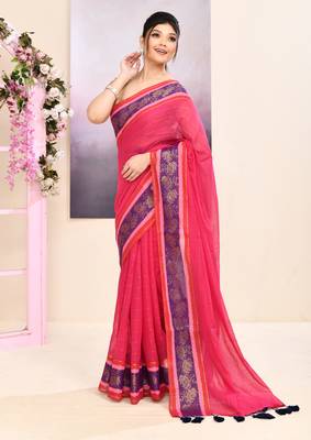Women's rani pink embellished zari border cotton saree 2