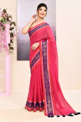 Women's rani pink embellished zari border cotton saree