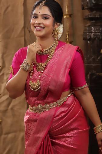 Pink soft silk blend banarasi jacuard work designer party wear saree with unstitched blouse piece