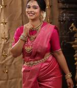 Pink silk blend banarasi saree with unstitched blouse piece