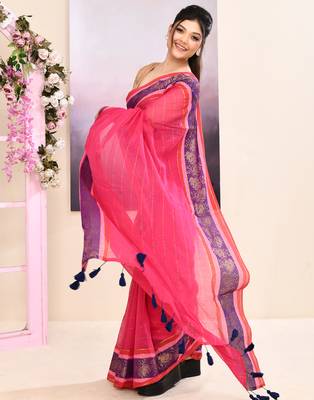 Women's rani pink embellished zari border cotton saree 3