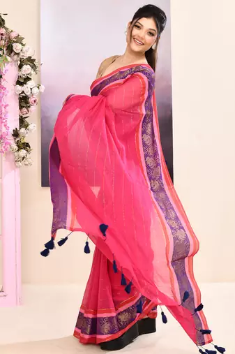 Women's rani pink embellished zari border cotton saree