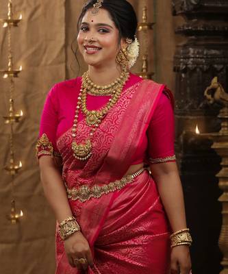 Pink silk blend banarasi saree with unstitched blouse piece 3
