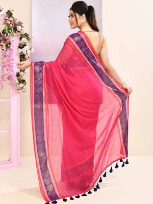 Women's rani pink embellished zari border cotton saree 4
