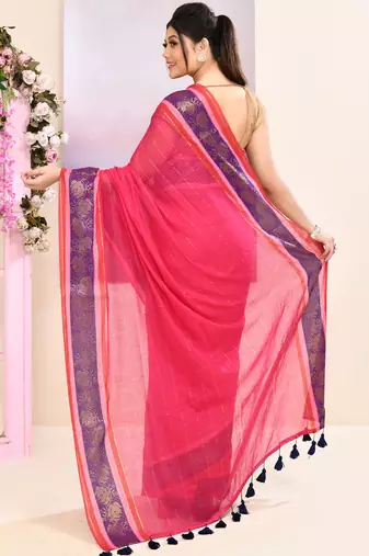 Women's rani pink embellished zari border cotton saree