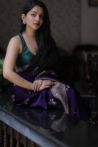 Purple soft silk blend banarasi jacuard work designer party wear saree with unstitched blouse piece
