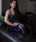 Purple silk blend banarasi saree with unstitched blouse piece