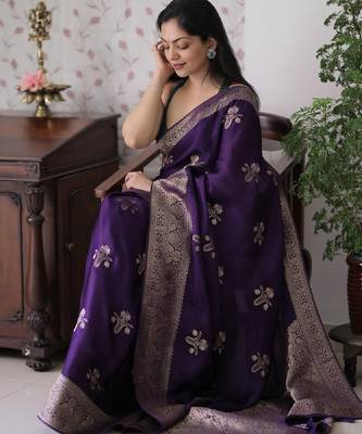 Purple silk blend banarasi saree with unstitched blouse piece 2