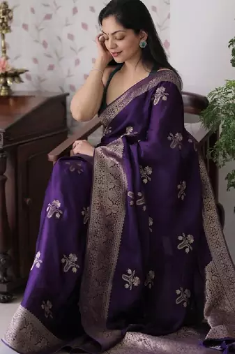 Purple silk blend banarasi saree with unstitched blouse piece