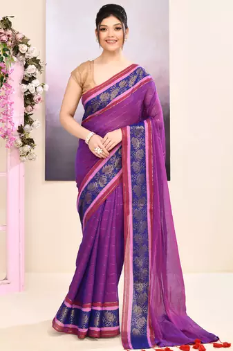 Women's purple embellished zari border cotton saree