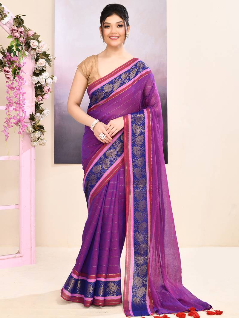 Women's purple embellished zari border cotton saree