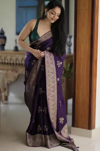 Purple silk blend banarasi saree with unstitched blouse piece