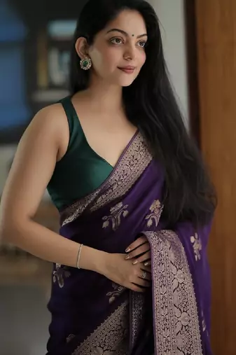 Purple silk blend banarasi saree with unstitched blouse piece