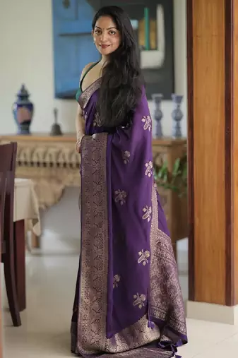 Purple silk blend banarasi saree with unstitched blouse piece
