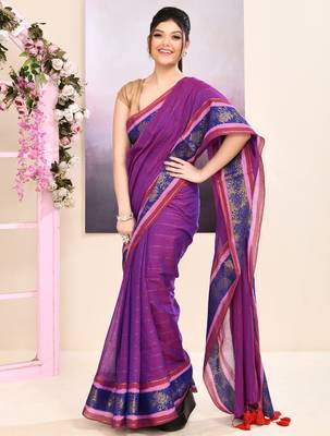 Women's purple embellished zari border cotton saree 2