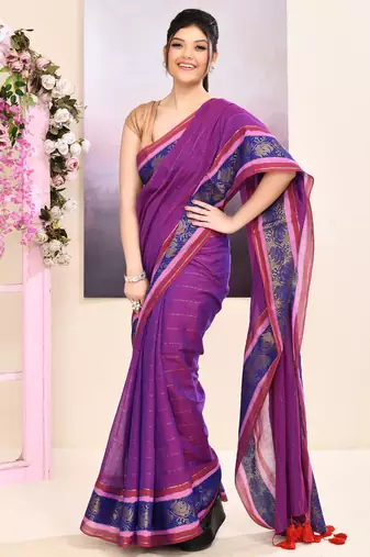 Women's purple embellished zari border cotton saree