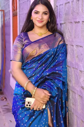 Royal blue silk blend banarasi saree with unstitched blouse piece