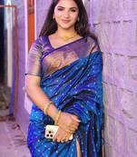 Royal blue silk blend banarasi saree with unstitched blouse piece
