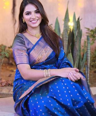 Royal blue silk blend banarasi saree with unstitched blouse piece 2