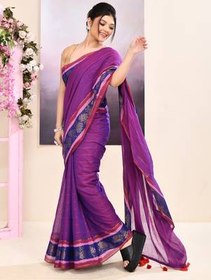 Women's purple embellished zari border cotton saree 3
