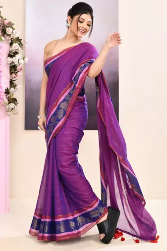 Women's purple embellished zari border cotton saree