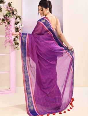 Women's purple embellished zari border cotton saree 4