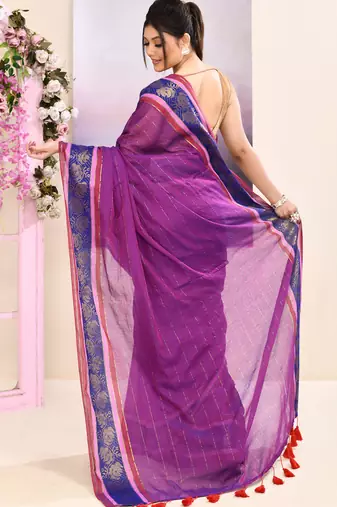 Women's purple embellished zari border cotton saree