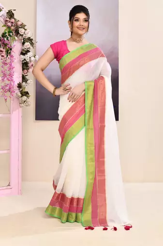 Women's off white embellished zari border cotton saree