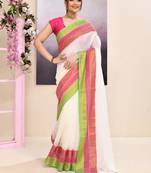 Women's off white embellished zari border cotton saree