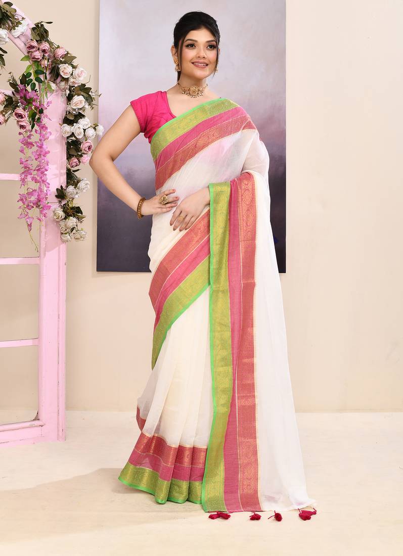 Women's off white embellished zari border cotton saree