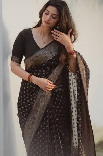 Black silk blend banarasi saree with unstitched blouse piece
