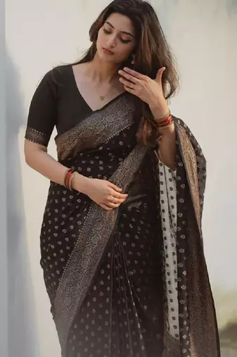 Black silk blend banarasi saree with unstitched blouse piece