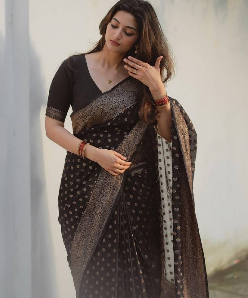 Black silk blend banarasi saree with unstitched blouse piece