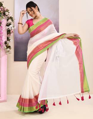 Women's off white embellished zari border cotton saree 3