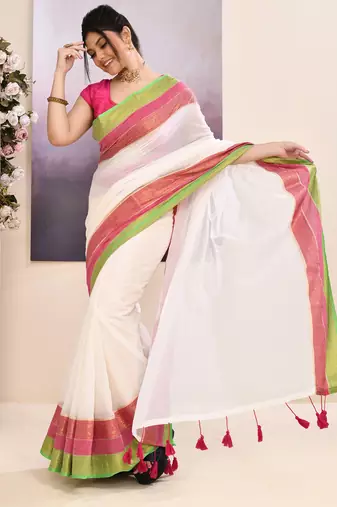 Women's off white embellished zari border cotton saree
