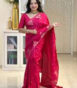 Pink silk blend banarasi saree with unstitched blouse piece