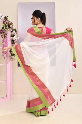 Women's off white embellished zari border cotton saree