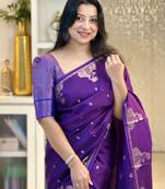 Purple silk blend banarasi saree with unstitched blouse piece