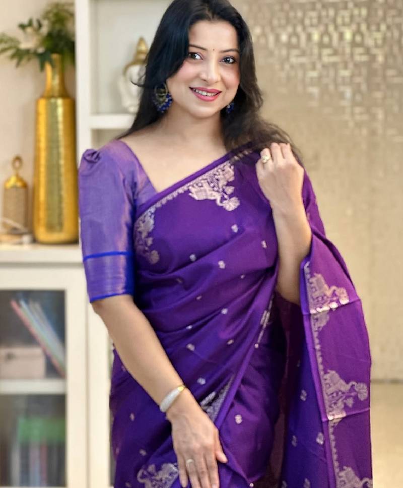 Purple soft silk blend banarasi jacuard work designer party wear saree with unstitched blouse piece