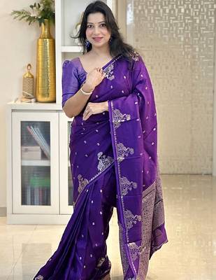 Purple silk blend banarasi saree with unstitched blouse piece 2