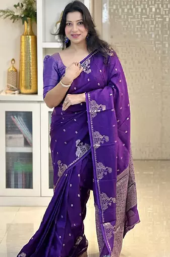 Purple silk blend banarasi saree with unstitched blouse piece