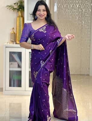 Purple silk blend banarasi saree with unstitched blouse piece 3